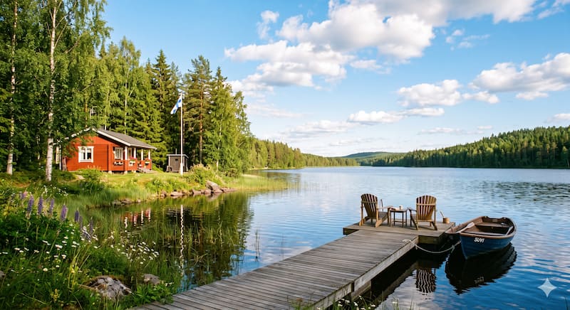Mökki järven rannalla ja laituri